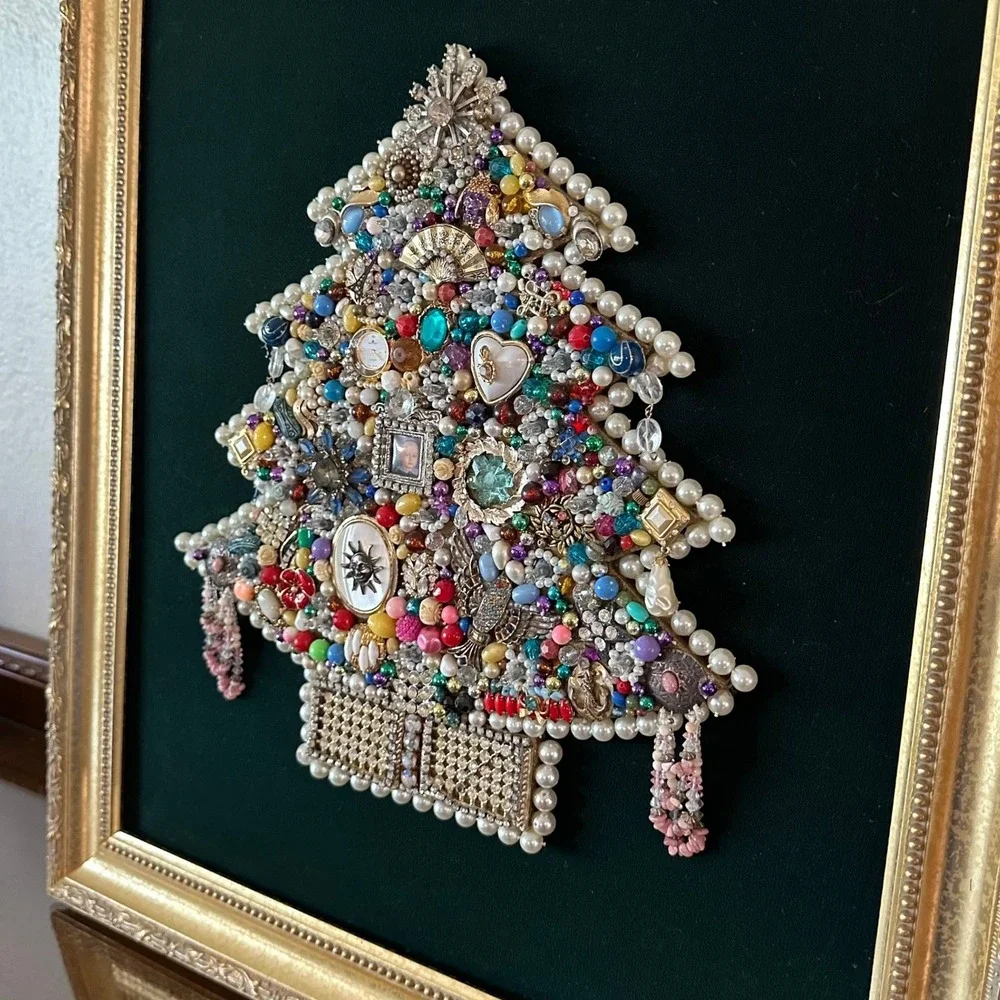Vintage Costume Jewelry Christmas Tree Lighted Wall Art Gold Frame 24x20